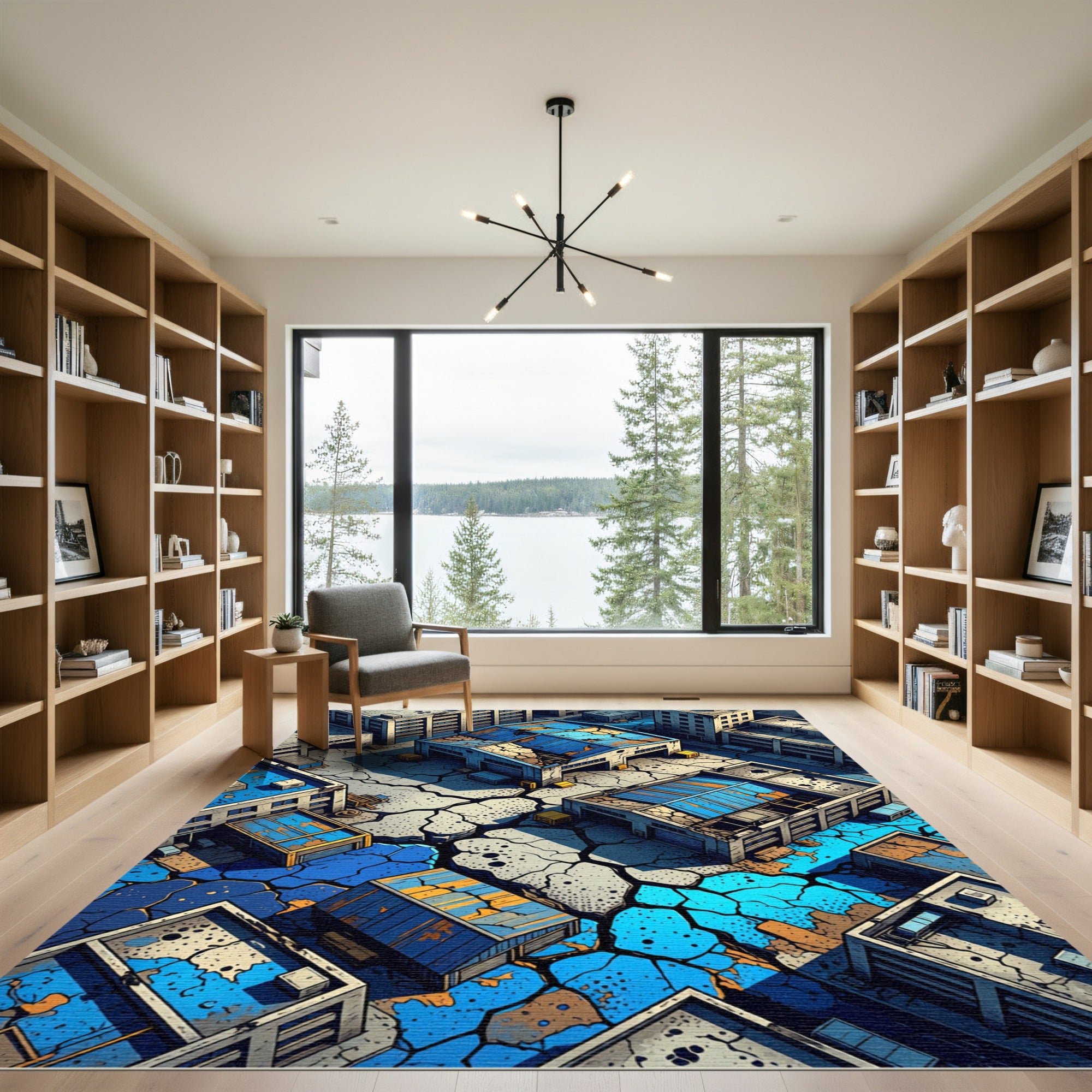 Urban Blue Cracked Industrial Landscape Rug