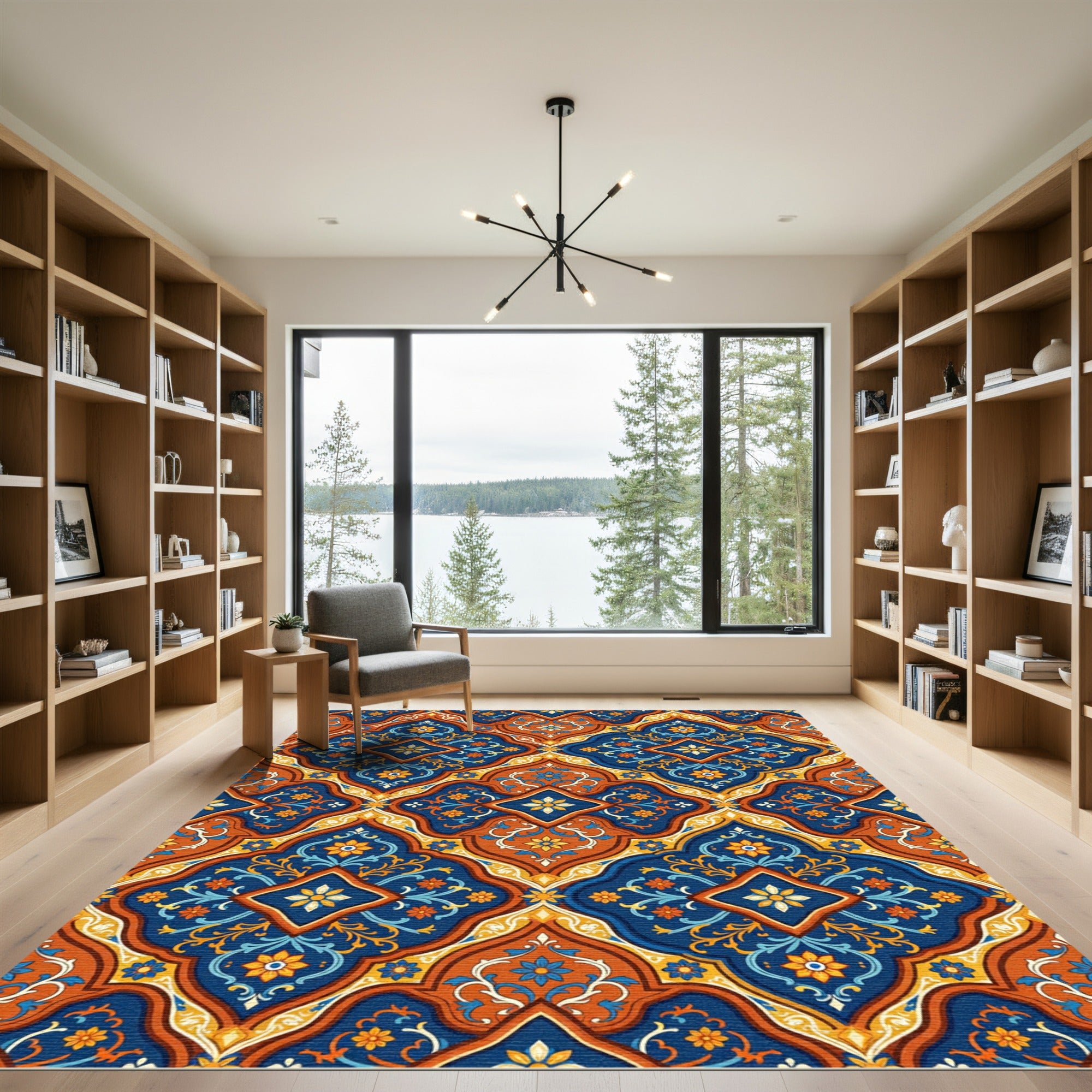 Ornate Blue and Copper Floral Tile Rug