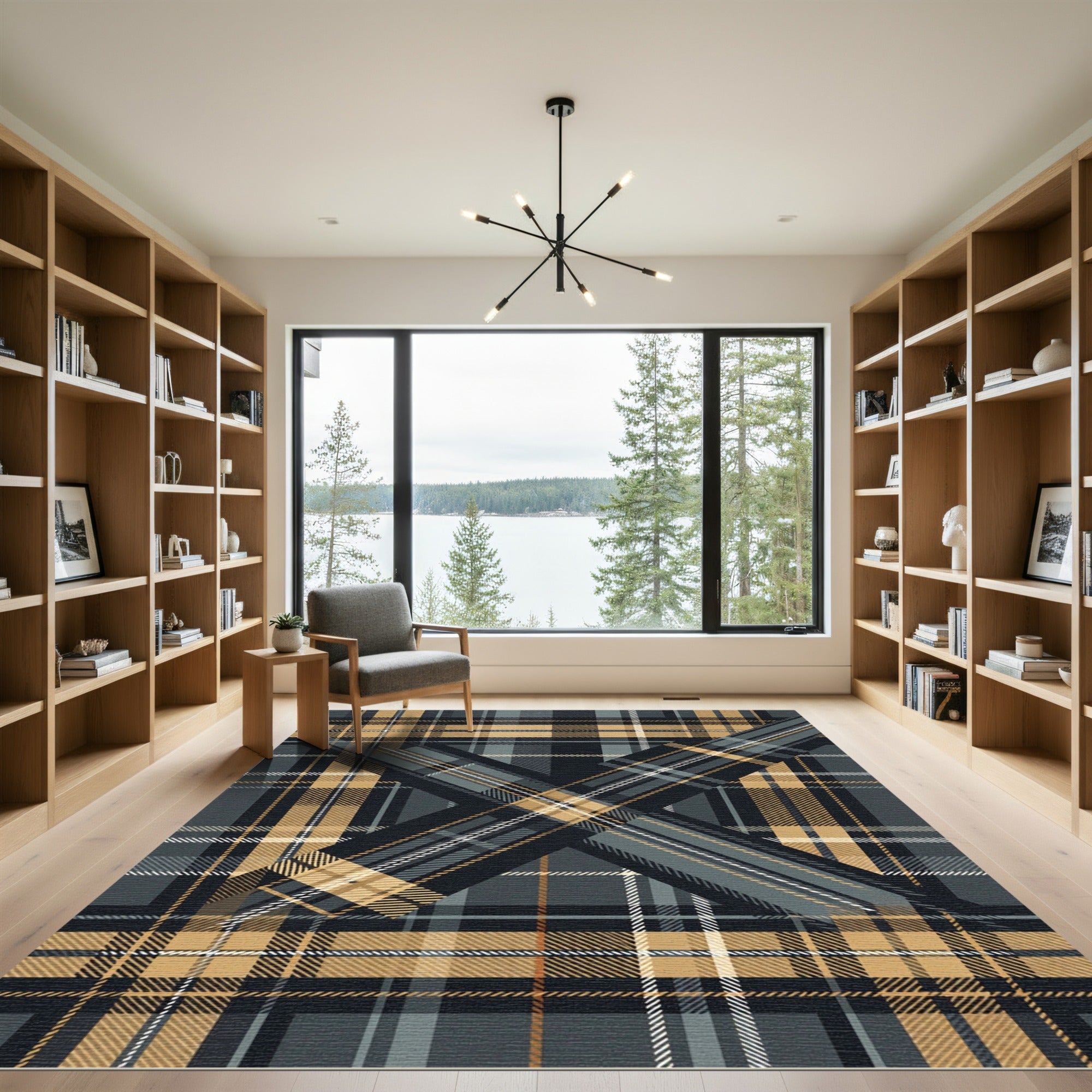 Black and Tan Layered Plaid Check Rug