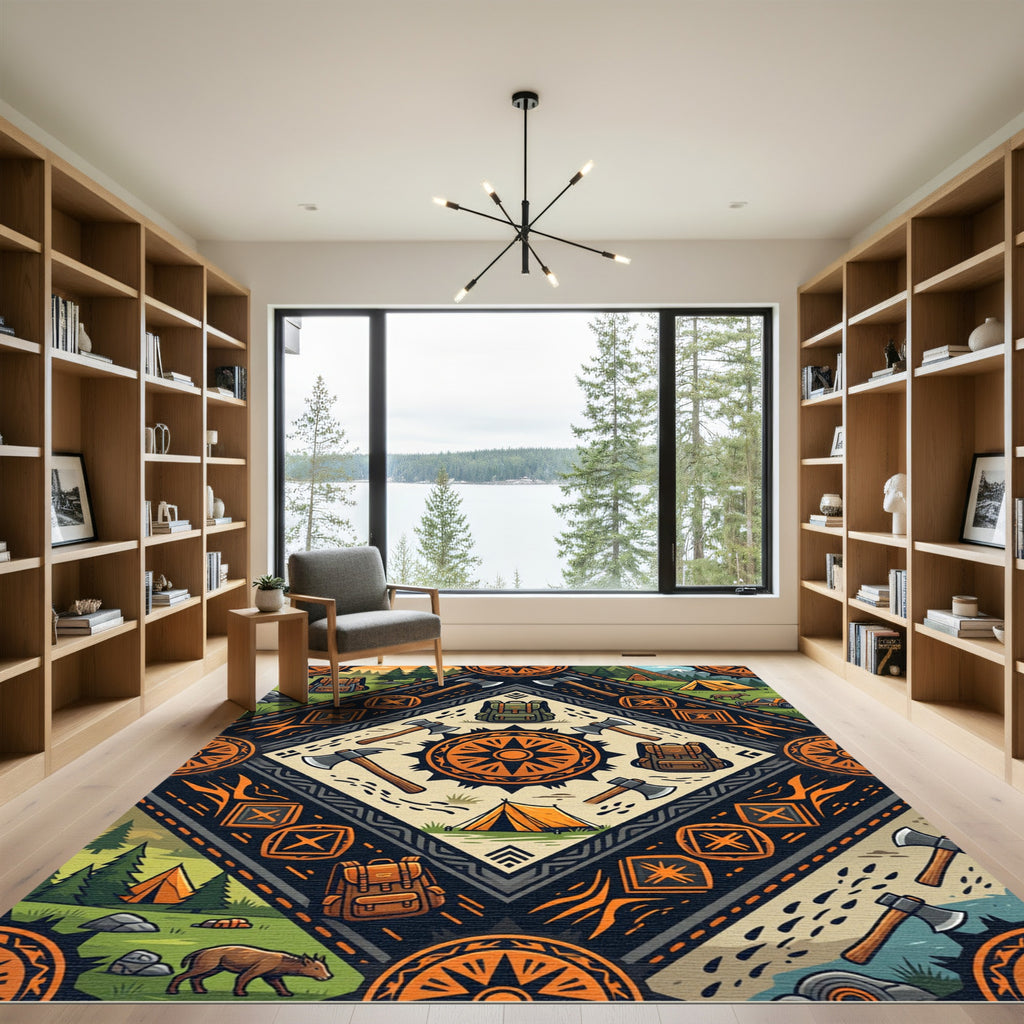 Geometric Orange Adventure Compass Diamond Rug
