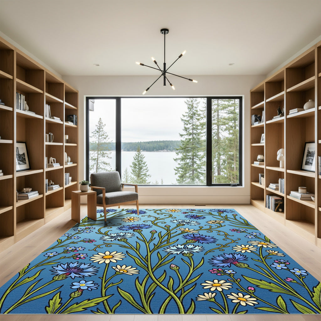 Blue Meadow Cornflower and Daisy Illustration Rug