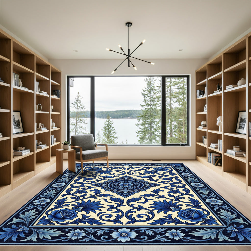 Classic Blue Floral Scroll Medallion Rug