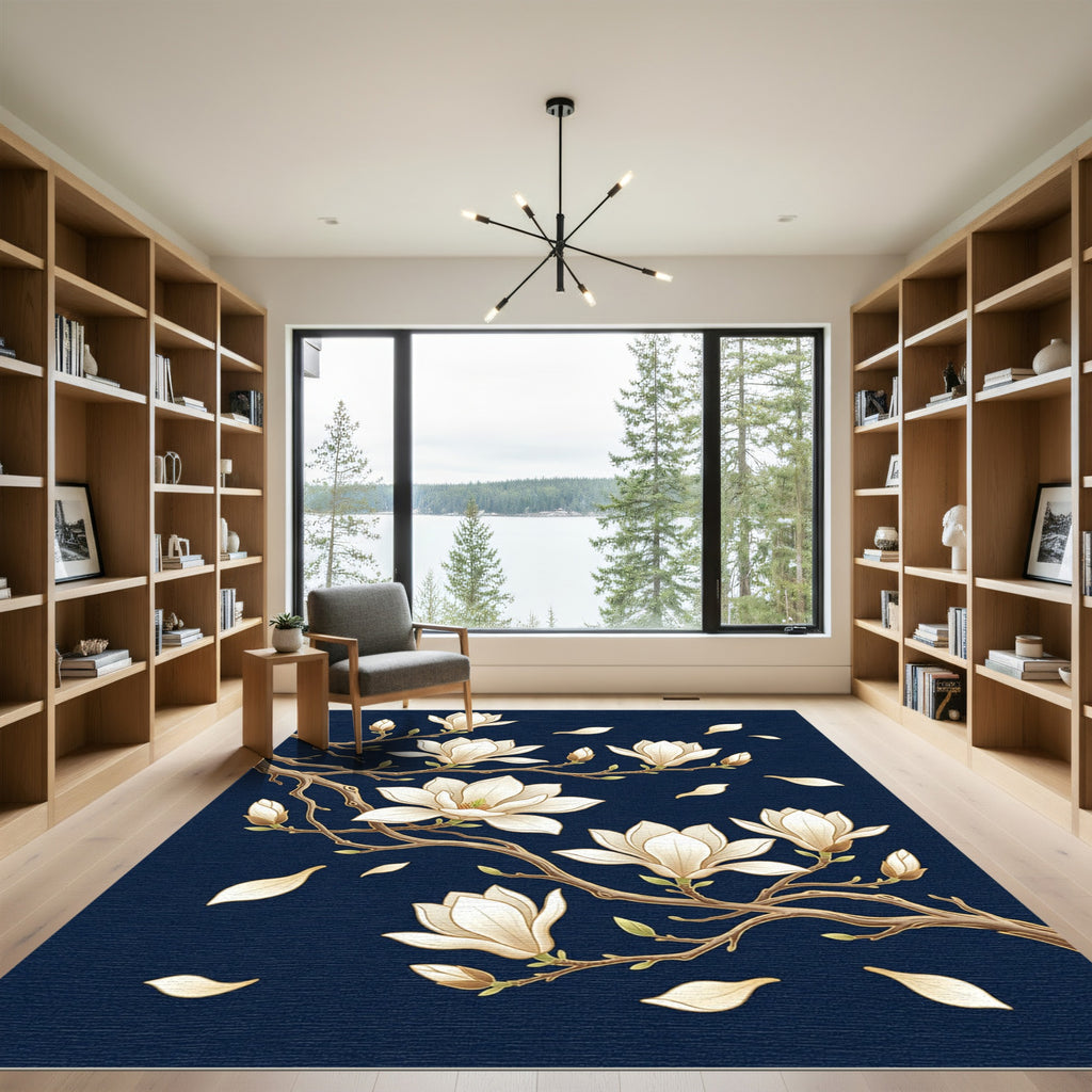 Elegant White Magnolia Branch Navy Background Rug