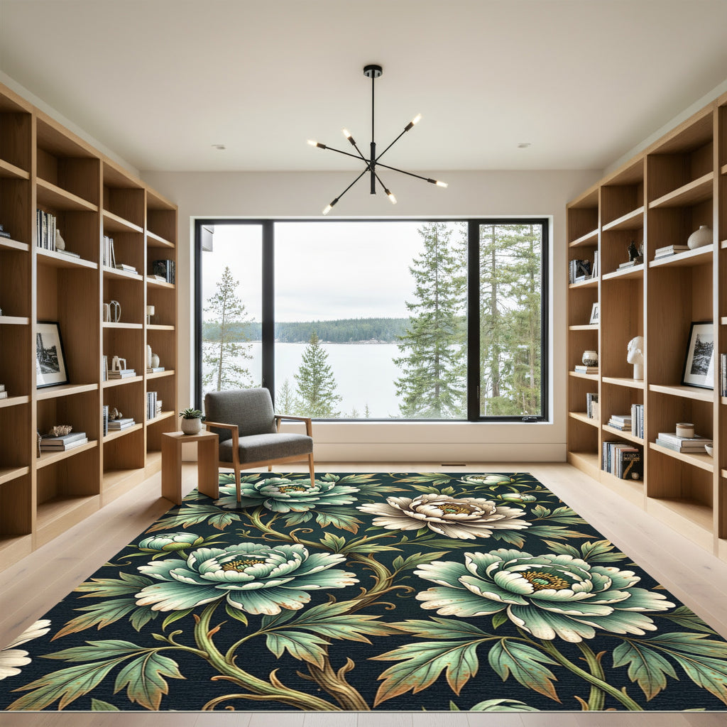 Sage Peony Floral Botanical Dark Backdrop Rug