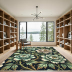 Sage Peony Floral Botanical Dark Backdrop Rug
