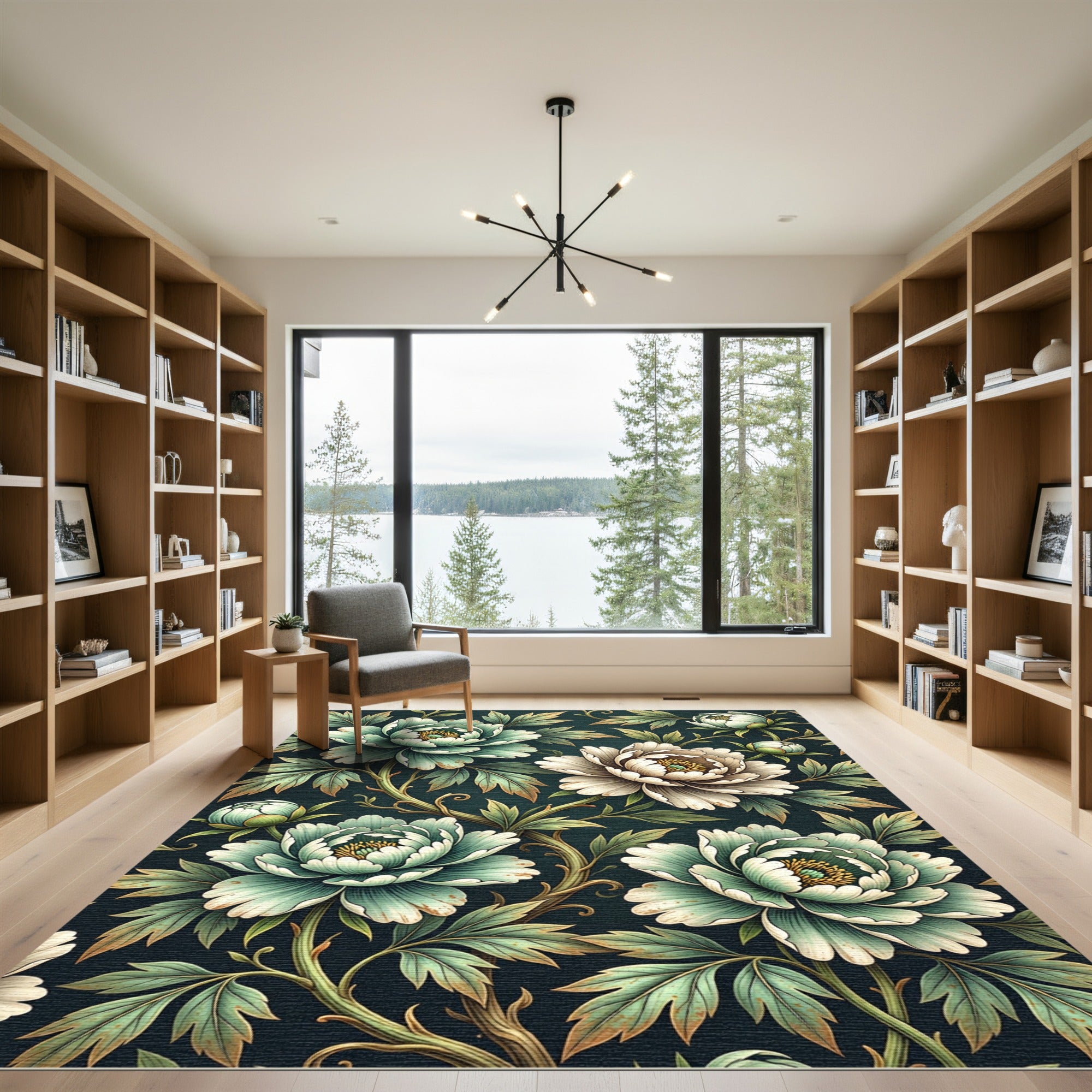 Sage Peony Floral Botanical Dark Backdrop Rug