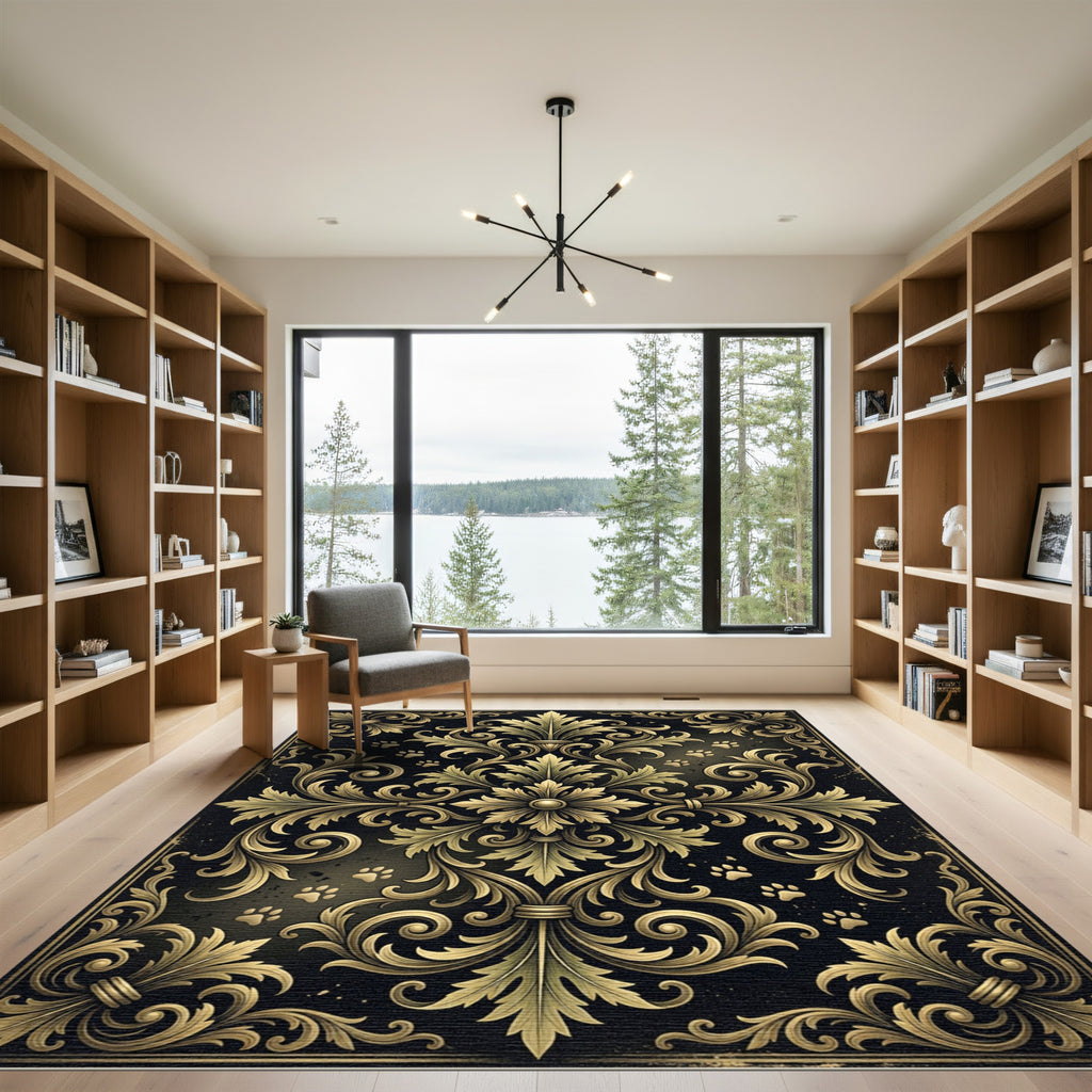 Ornate Gold Floral Damask Paw Accent Rug