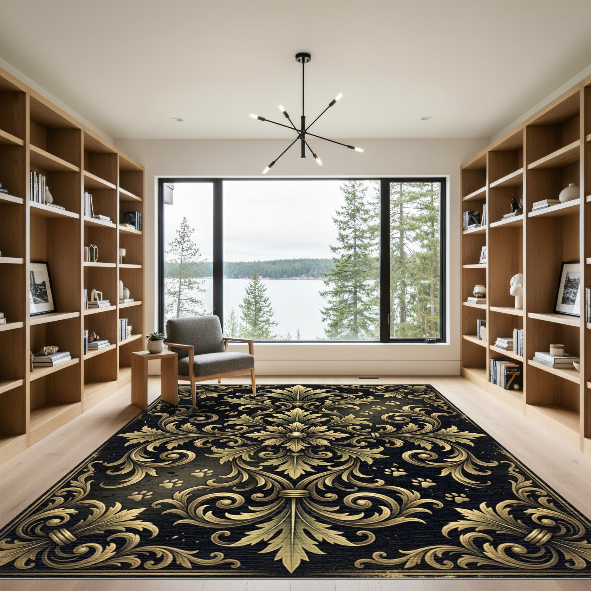 Ornate Gold Floral Damask Paw Accent Rug