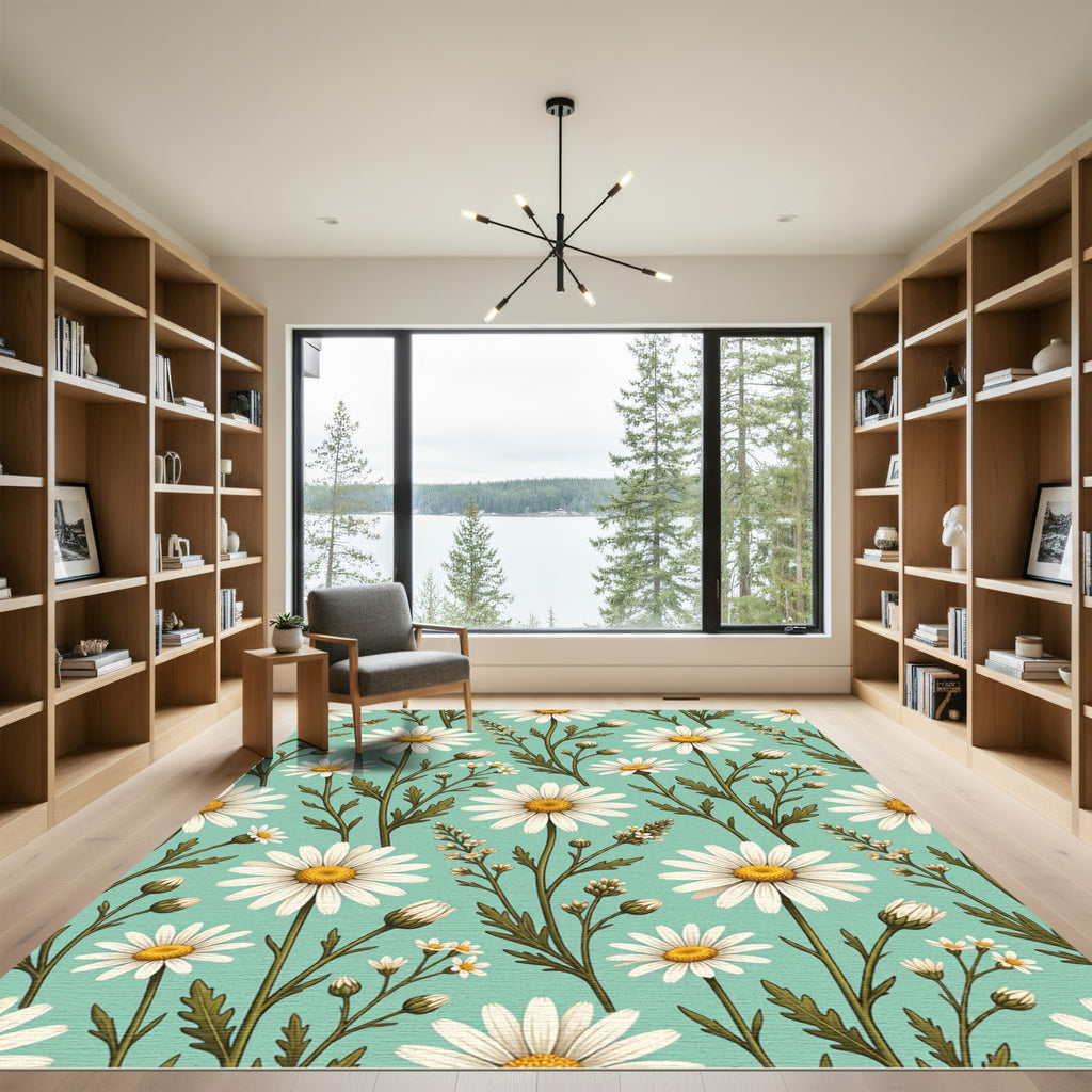 Charming White Daisy Floral Mint Meadow Rug