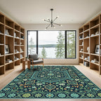 Navy Aqua Teal Floral Garden Hexagon Rug