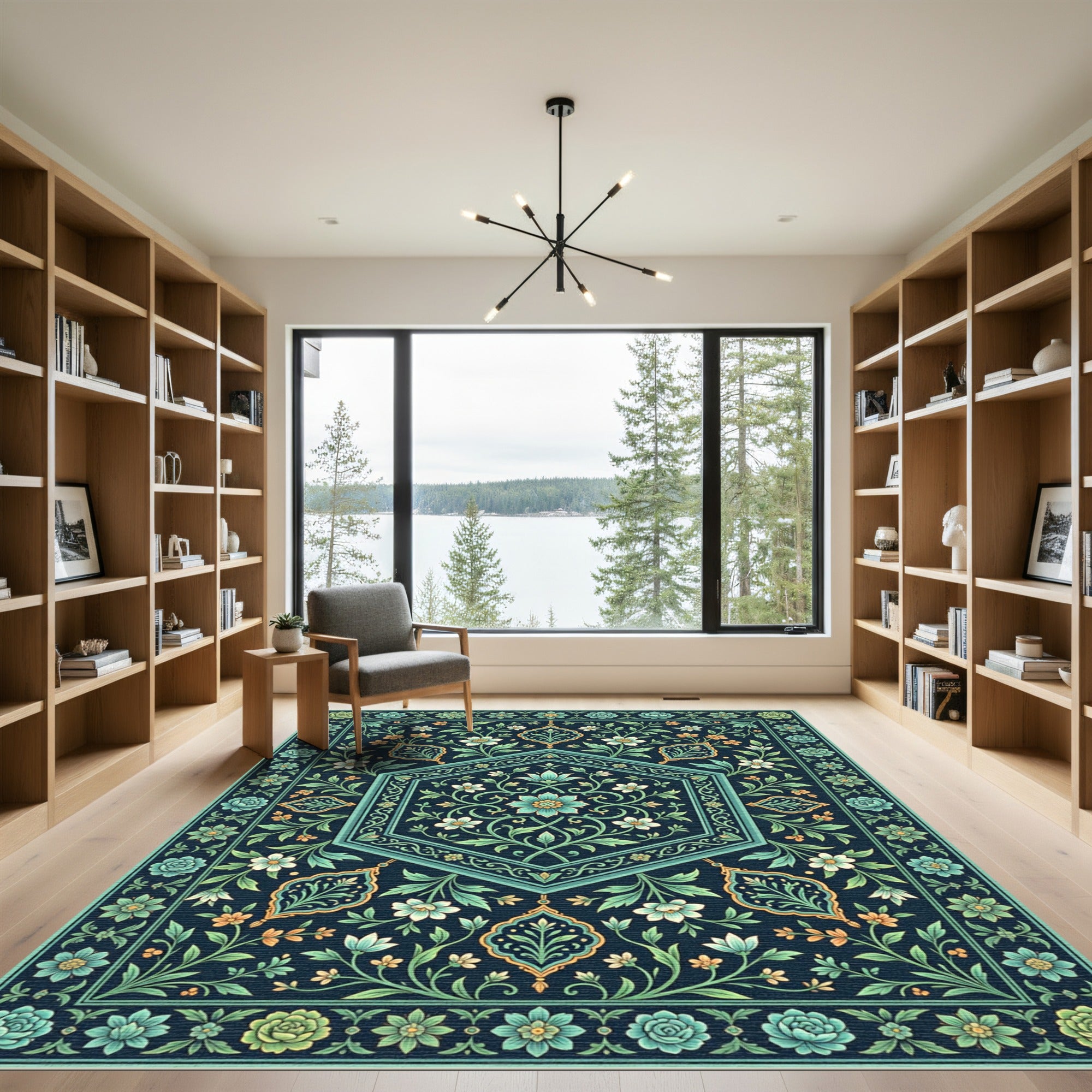 Navy Aqua Teal Floral Garden Hexagon Rug