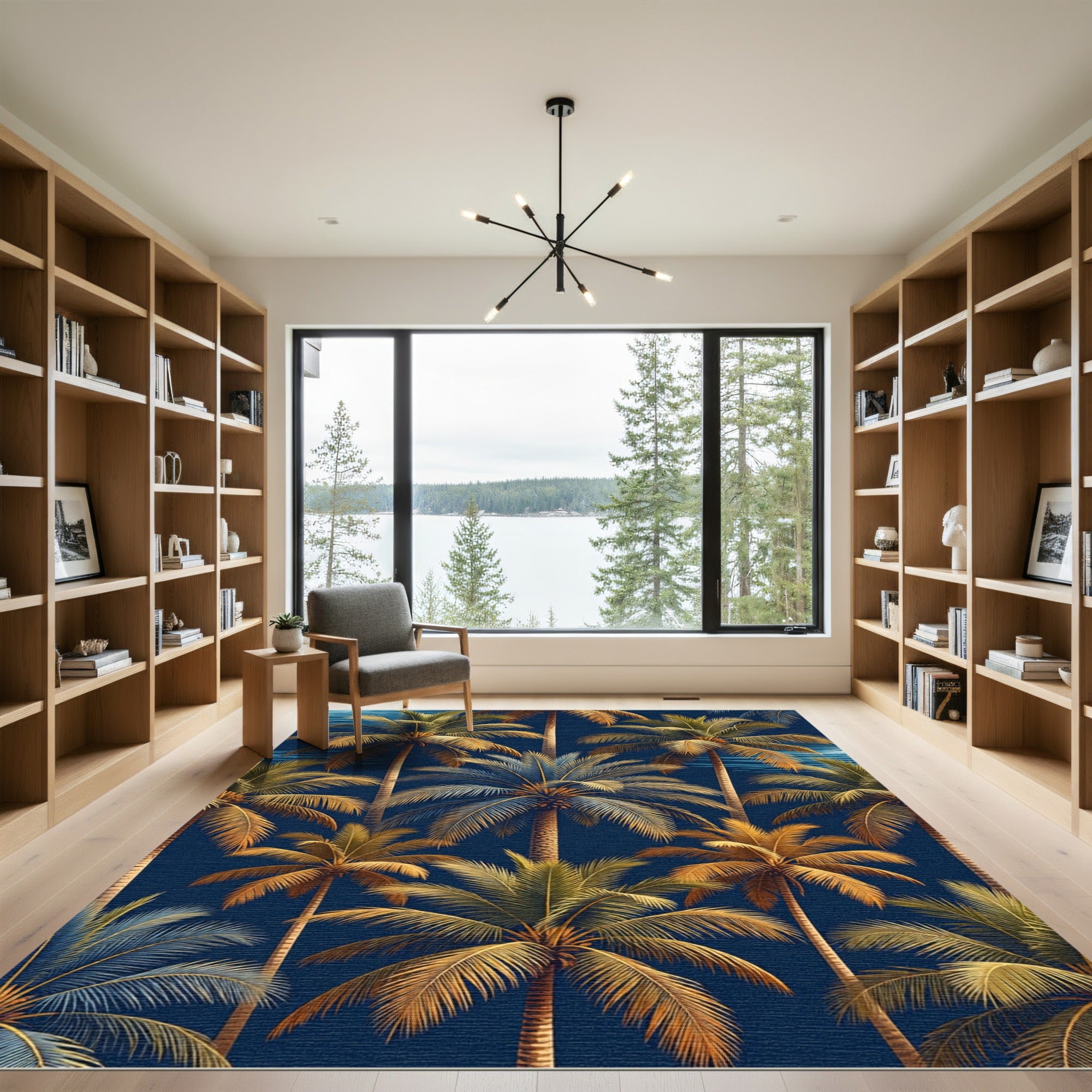 Golden Tropical Palm Foliage Navy Rug