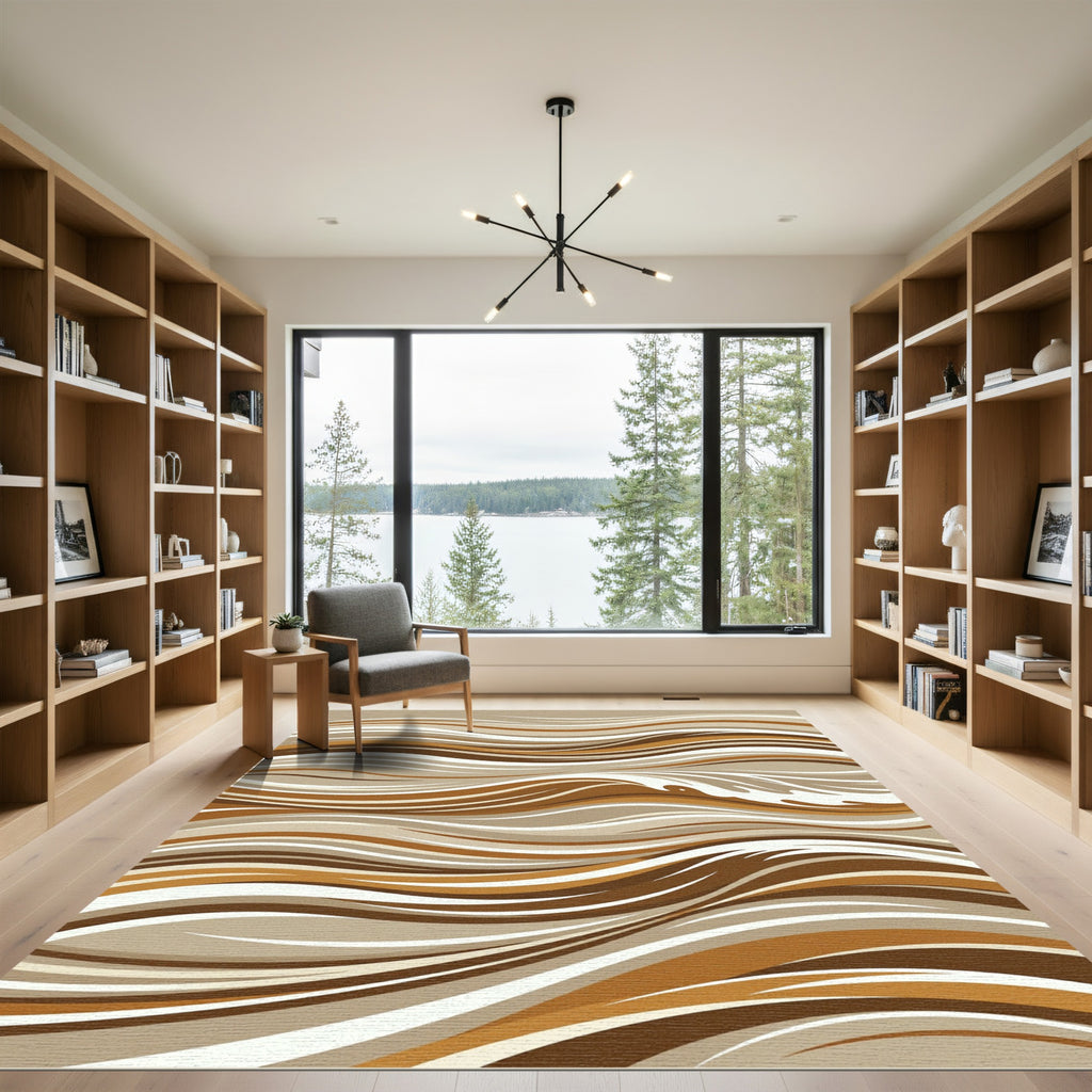 Earthy Brown Abstract Wave Rug