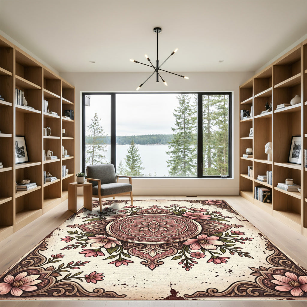 Vintage Dusty Rose Floral Medallion Rug