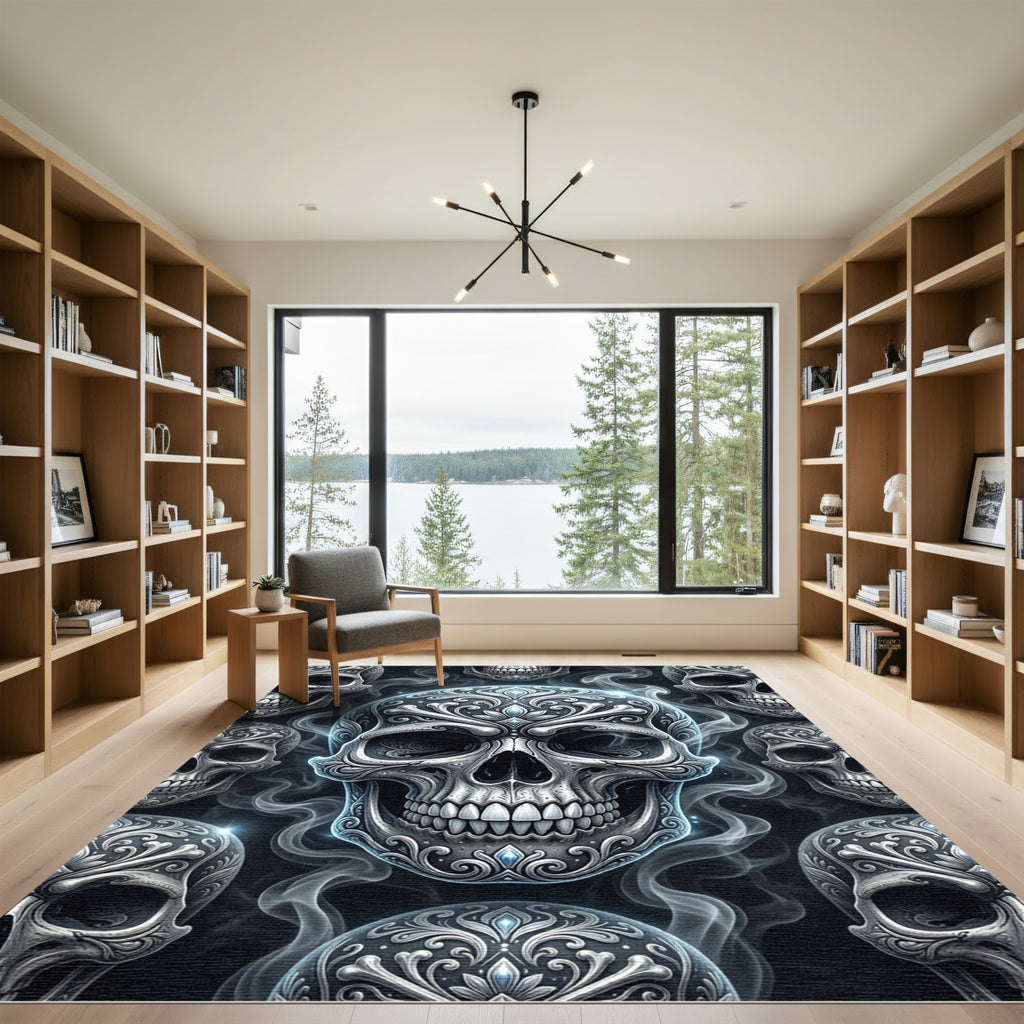 Silver Victorian Skull Smoke Embellished Rug