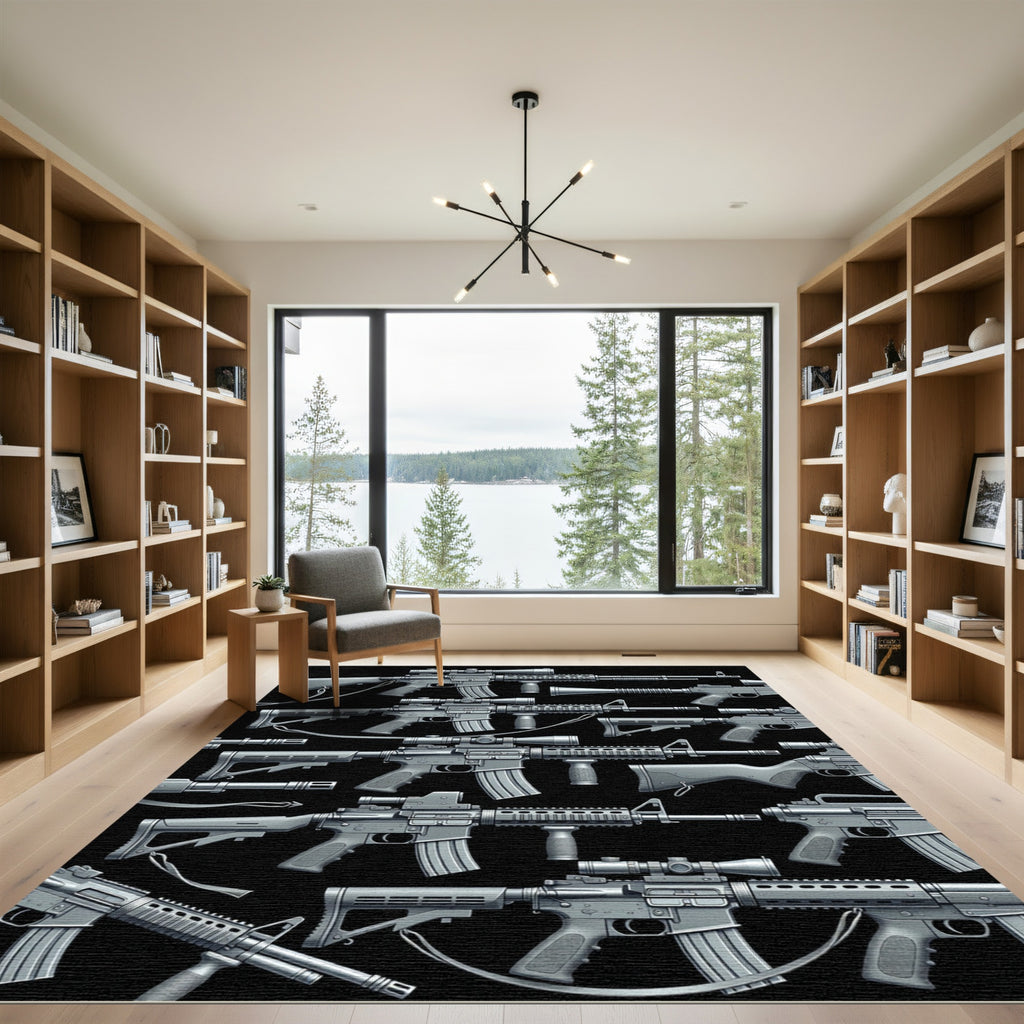 Monochrome Tactical Firearm Silhouette Arrangement Rug