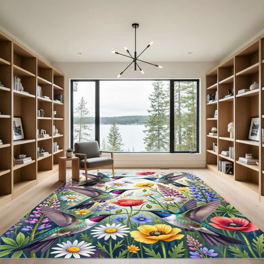 Vibrant Hummingbird and Wildflower Meadow Rug