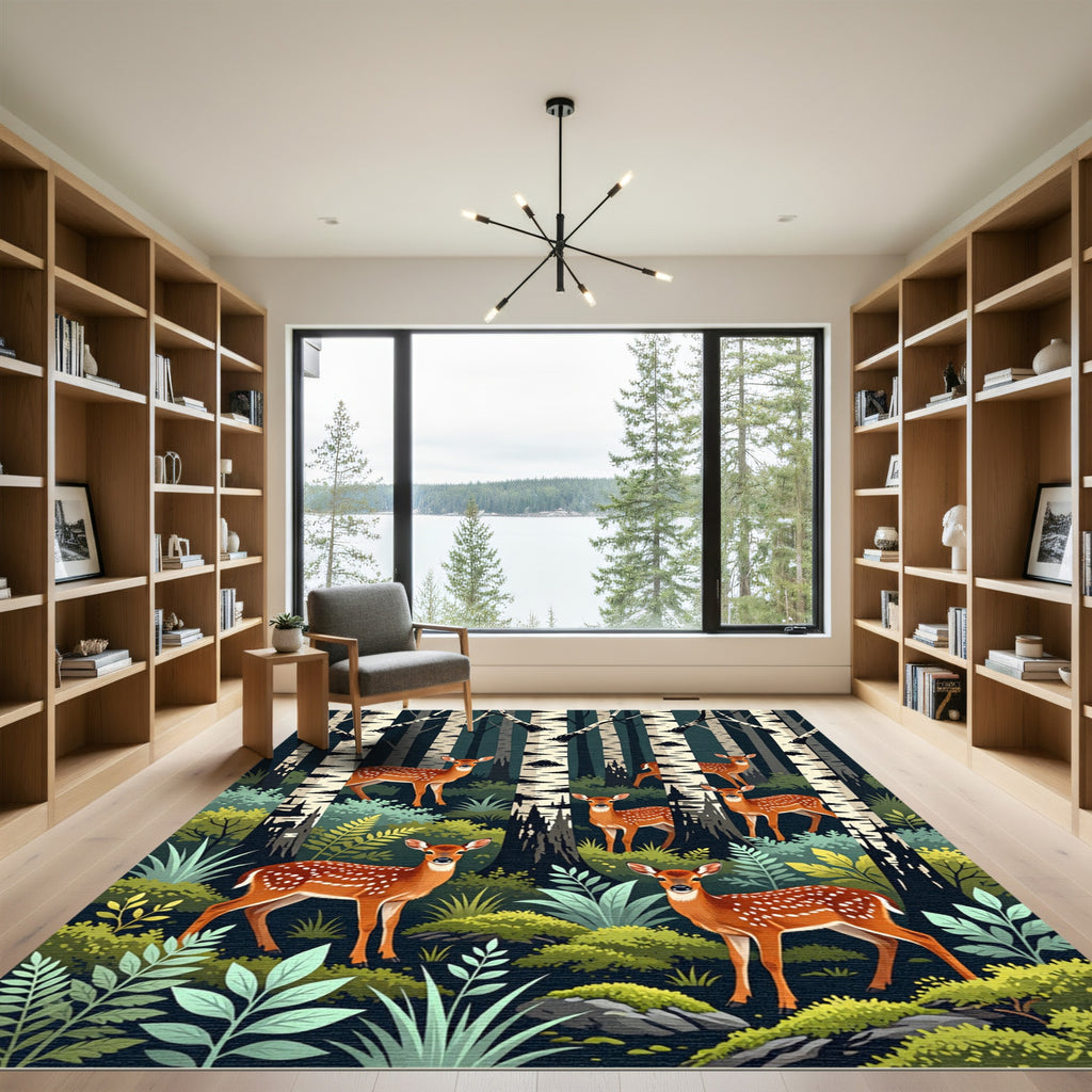 Whimsical Woodland Fawn Birch Forest Rug