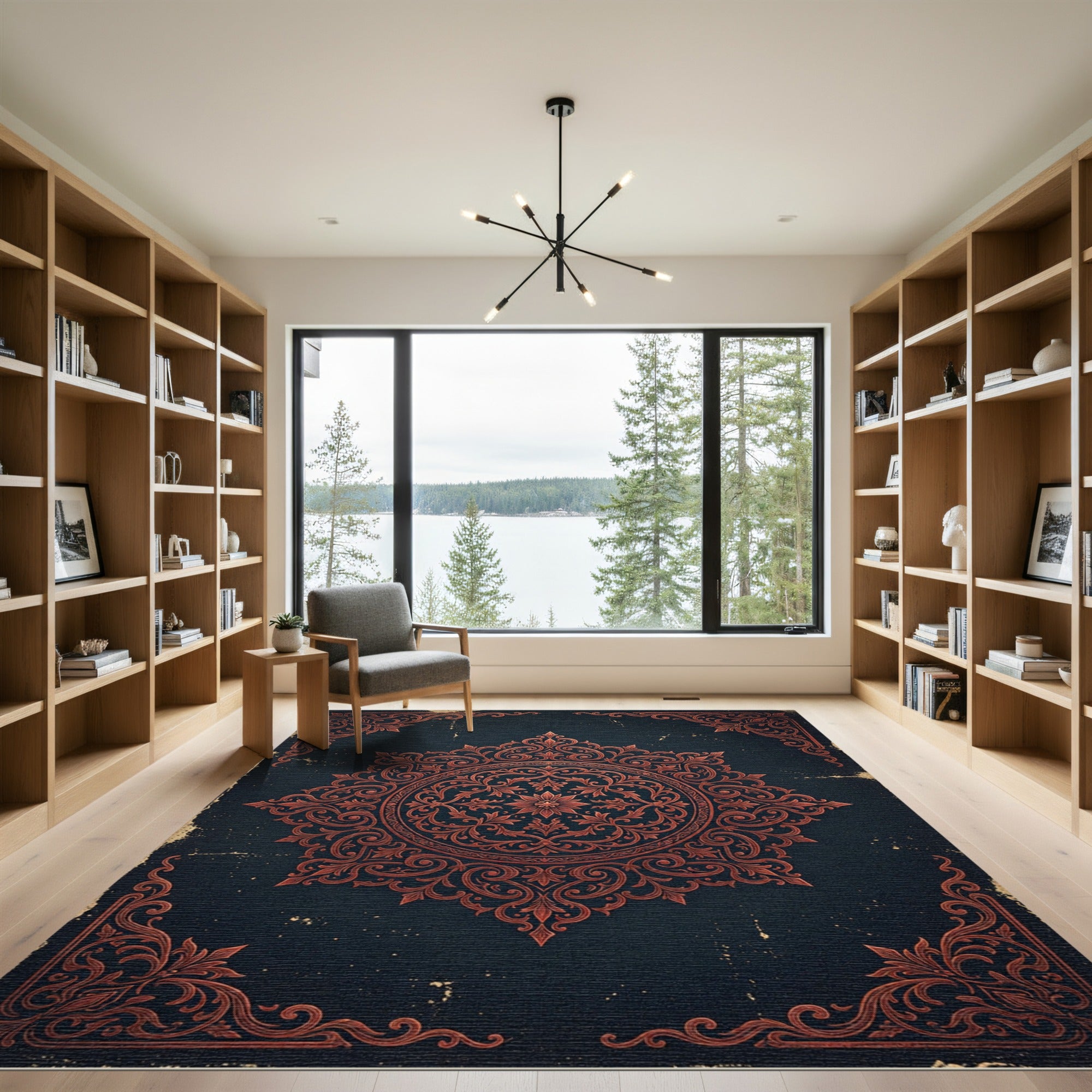 Ornate Copper Floral Medallion Charcoal Rug