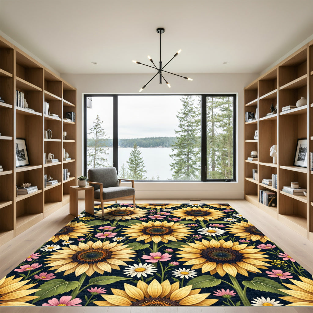 Vibrant Golden Sunflower Meadow Floral Rug