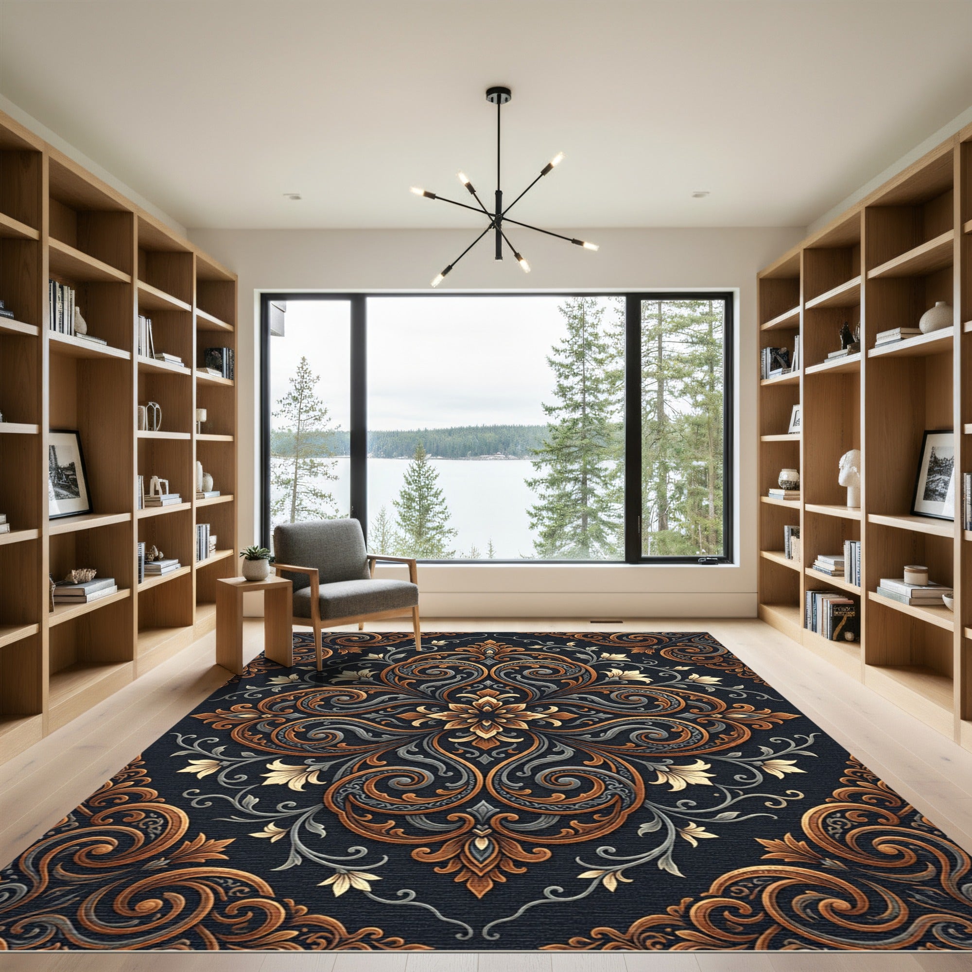 Ornate Gold Gray Floral Damask Scroll Rug