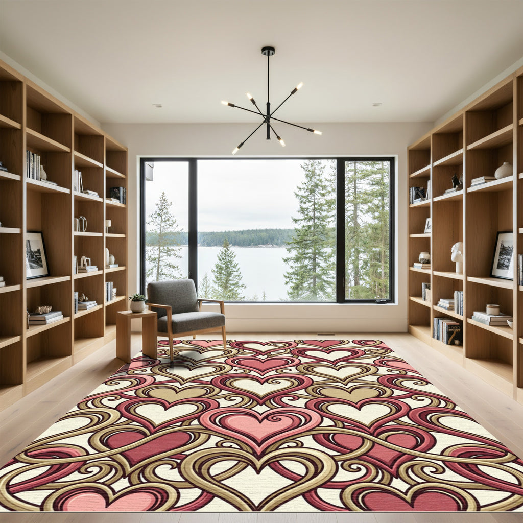 Romantic Pink Gold Heart Swirl Rug