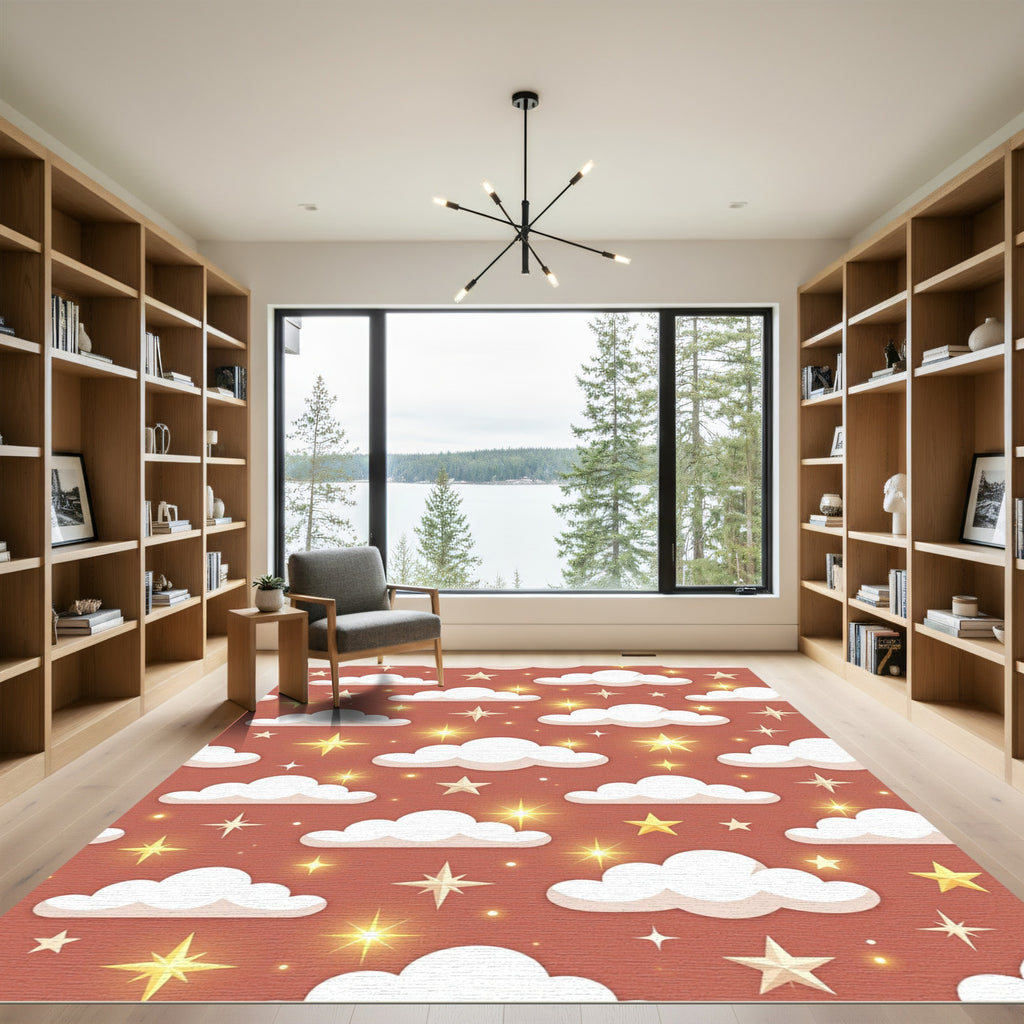 Whimsical Terracotta Clouds and Glowing Stars Rug