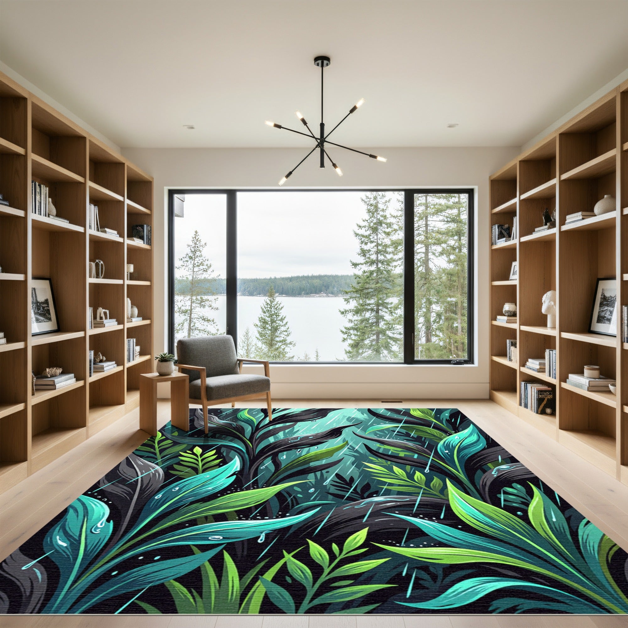 Lush Teal Tropical Rain Foliage Rug