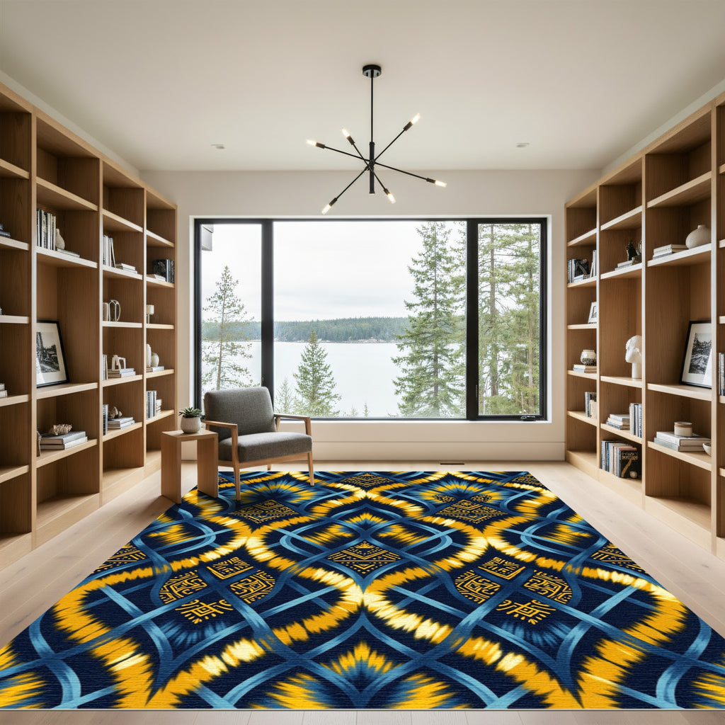 Deep Blue Yellow Tie Dye Lattice Rug