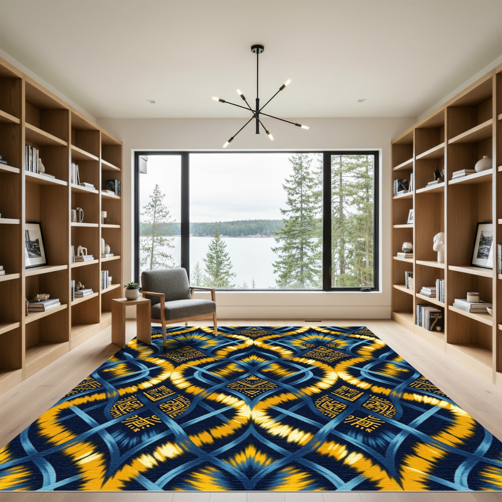 Deep Blue Yellow Tie Dye Lattice Rug