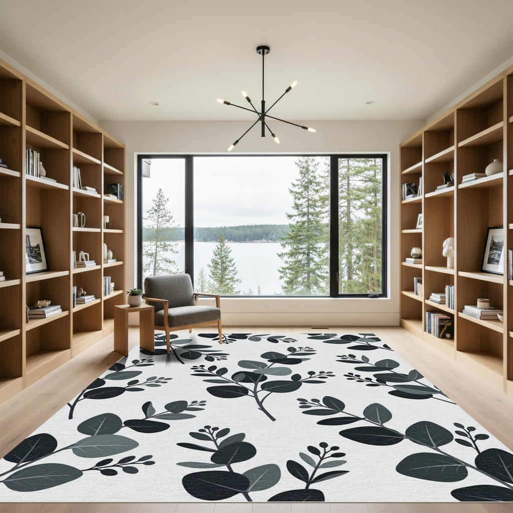 Minimalist Monochrome Eucalyptus Leaf Branch Rug
