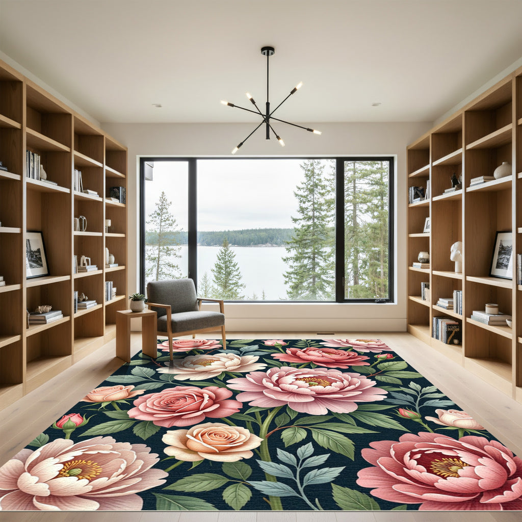 Pink Roses Peonies Garden Dark Background Rug