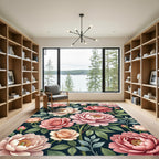 Pink Roses Peonies Garden Dark Background Rug