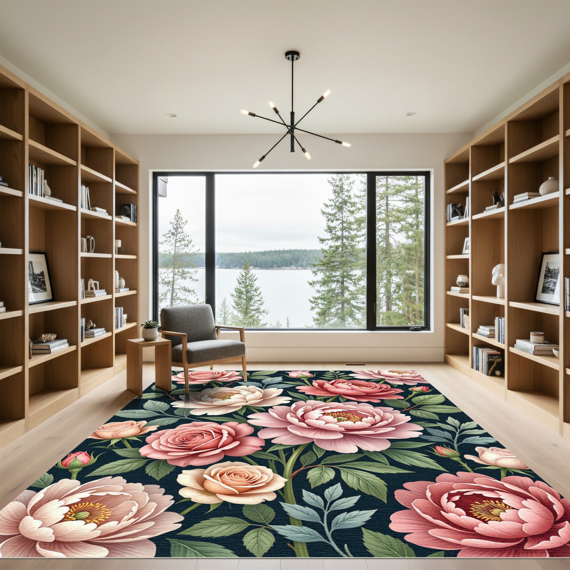 Pink Roses Peonies Garden Dark Background Rug