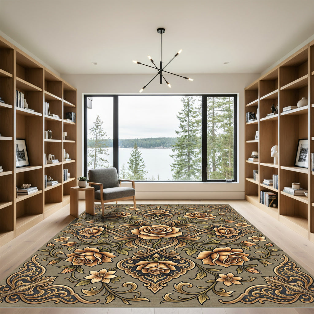 Golden Rose Floral Acanthus Scrollwork Rug