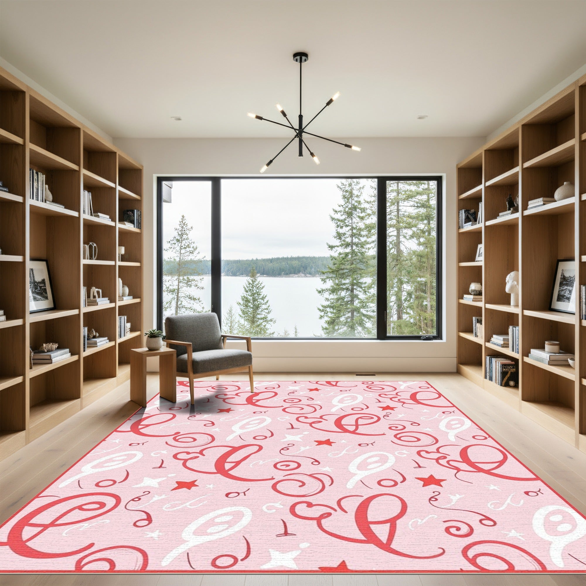 Whimsical Pink Alphabet Swirls Star Rug