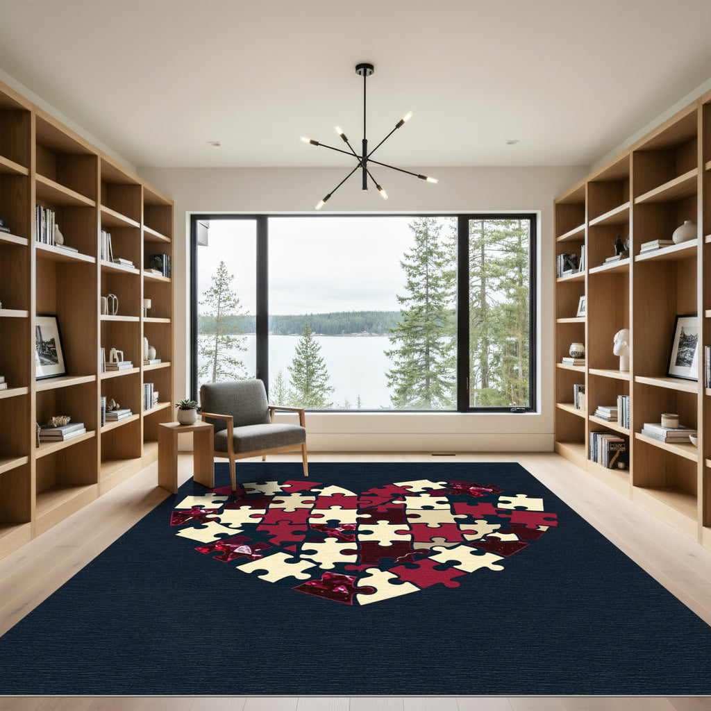 Burgundy Heart Jigsaw Abstract Puzzle Rug