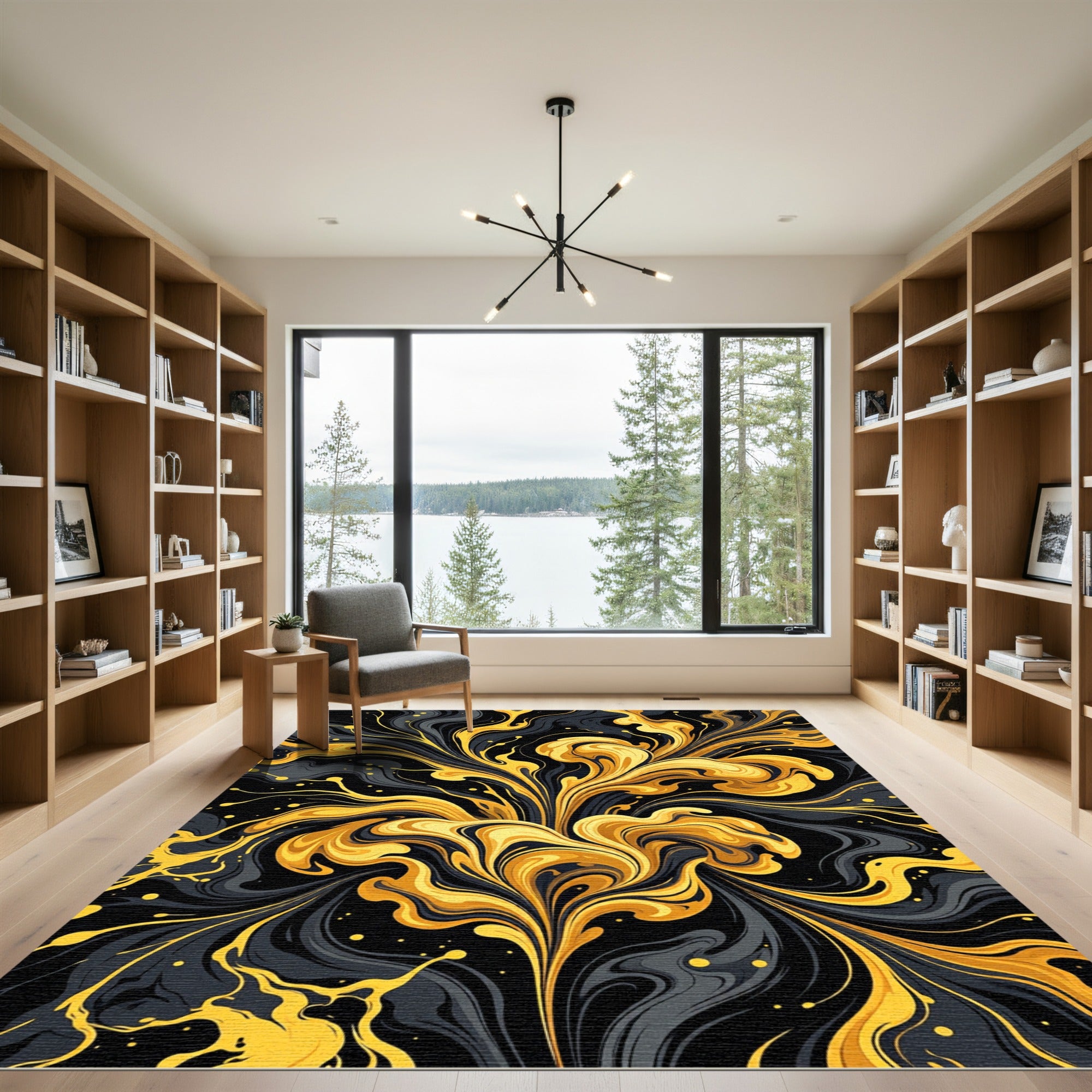 Liquid Gold Abstract Ink Swirl Rug