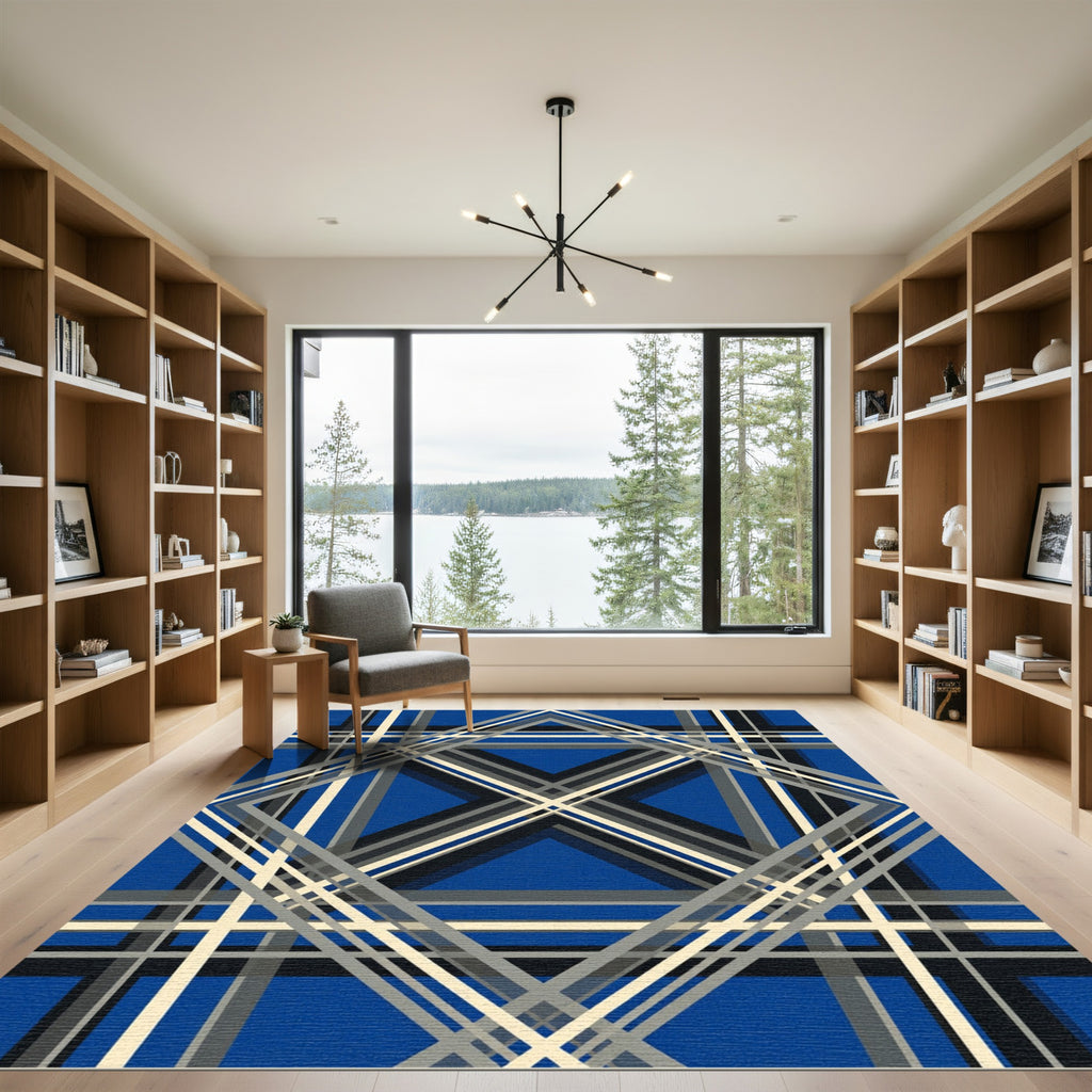 Deep Blue Intersecting Geometric Lines Rug
