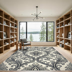 Ornate Black and White Acanthus Scroll Rug