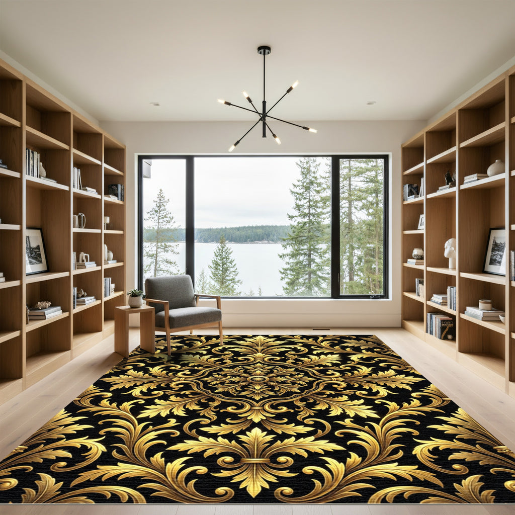 Opulent Gold Baroque Filigree Scroll Rug