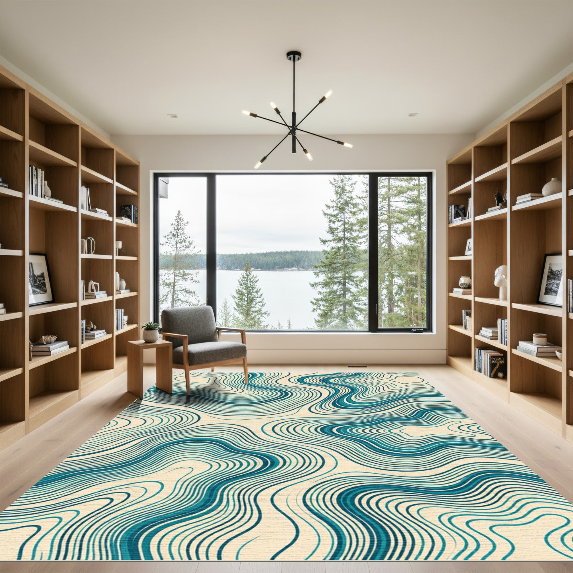 Teal Blue Fluid Wave Flowing Rug