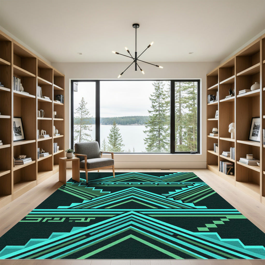 Aqua Teal Geometric Staircase Horizon Rug