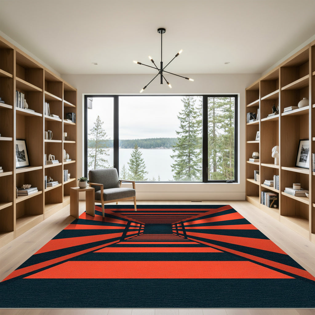 Bold Crimson and Obsidian Striped Geometric Rug