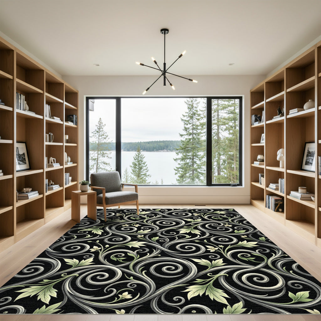 Black Green Swirl Floral Harmony Rug