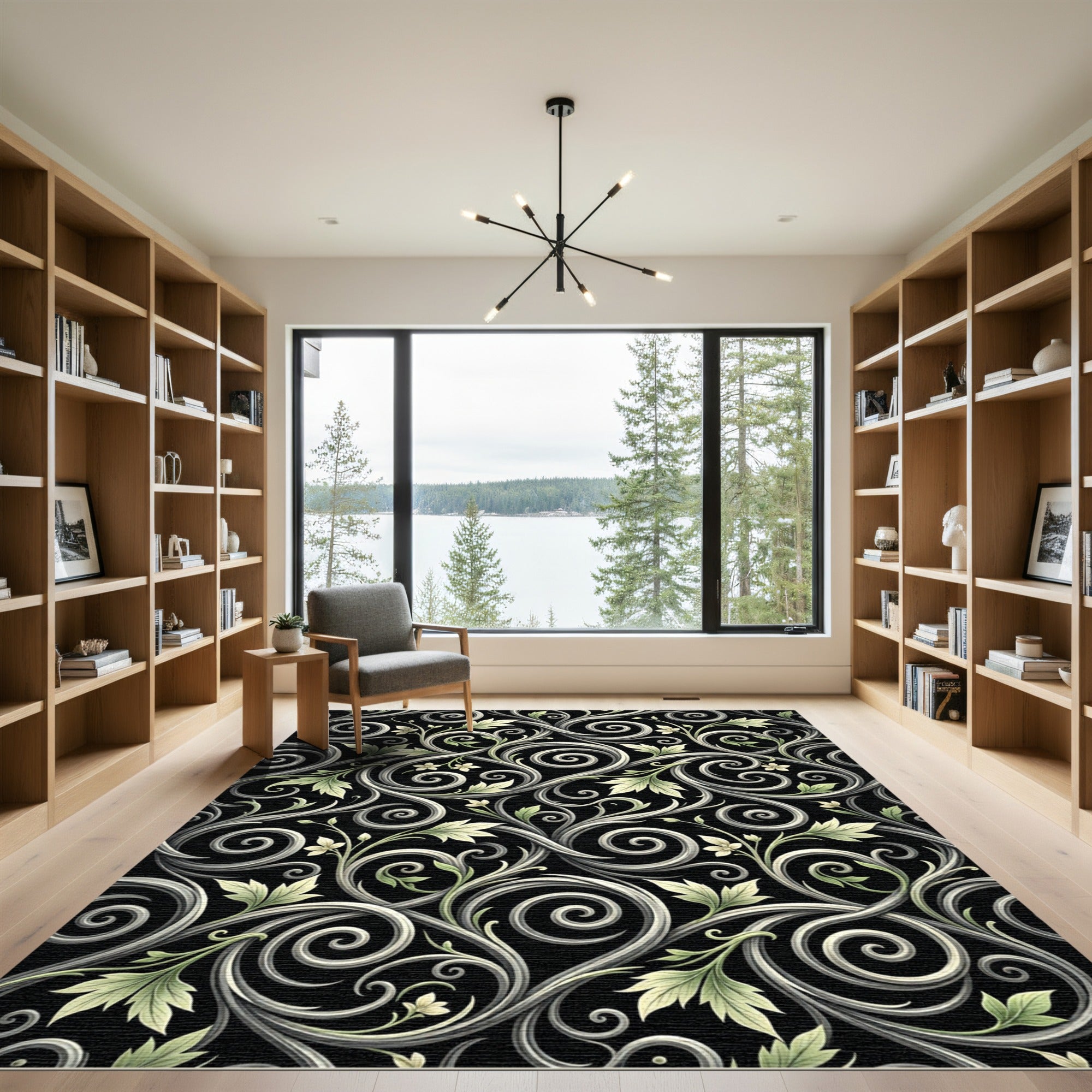Black Green Swirl Floral Harmony Rug