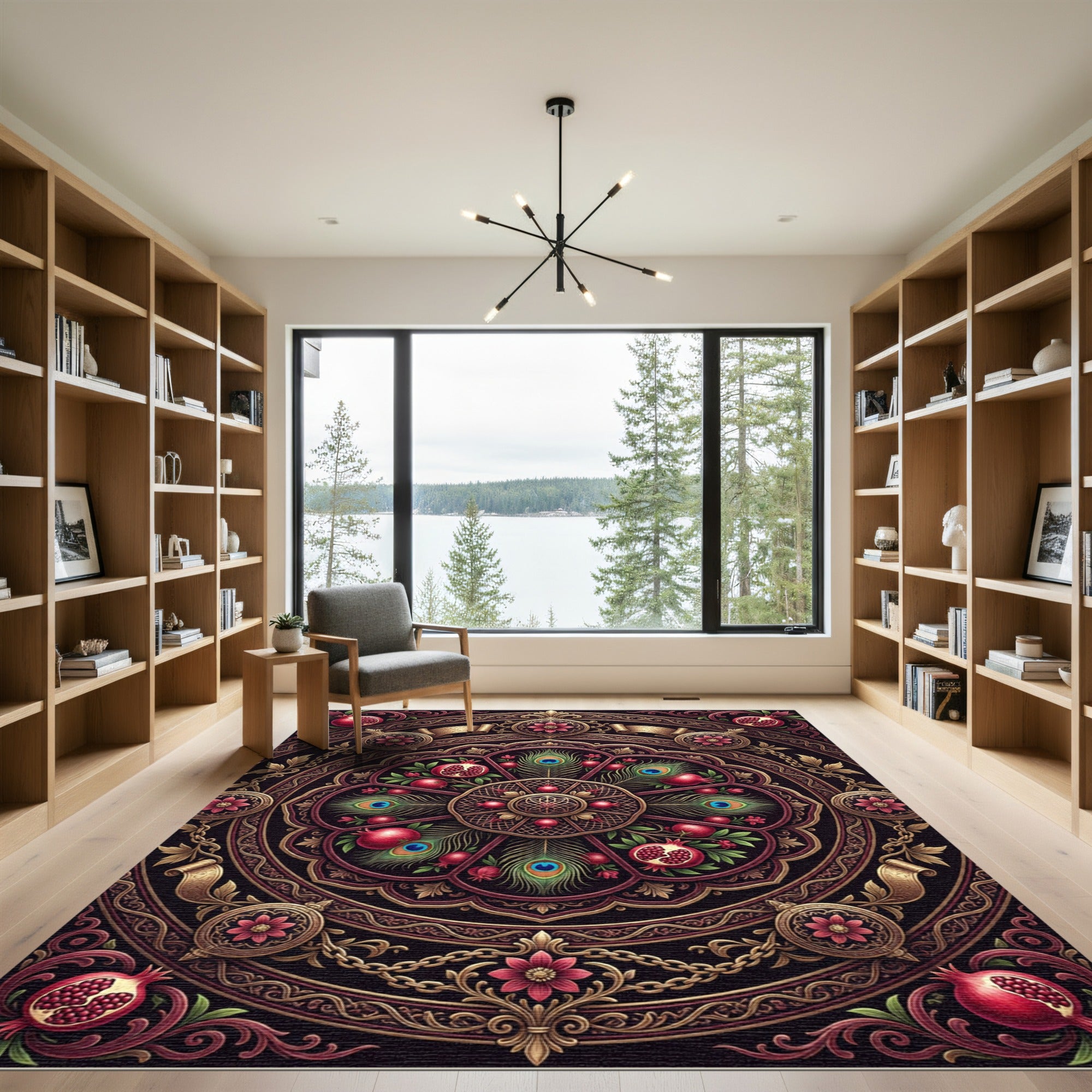 Ornate Pomegranate Peacock Mandala Jewel-Toned Rug