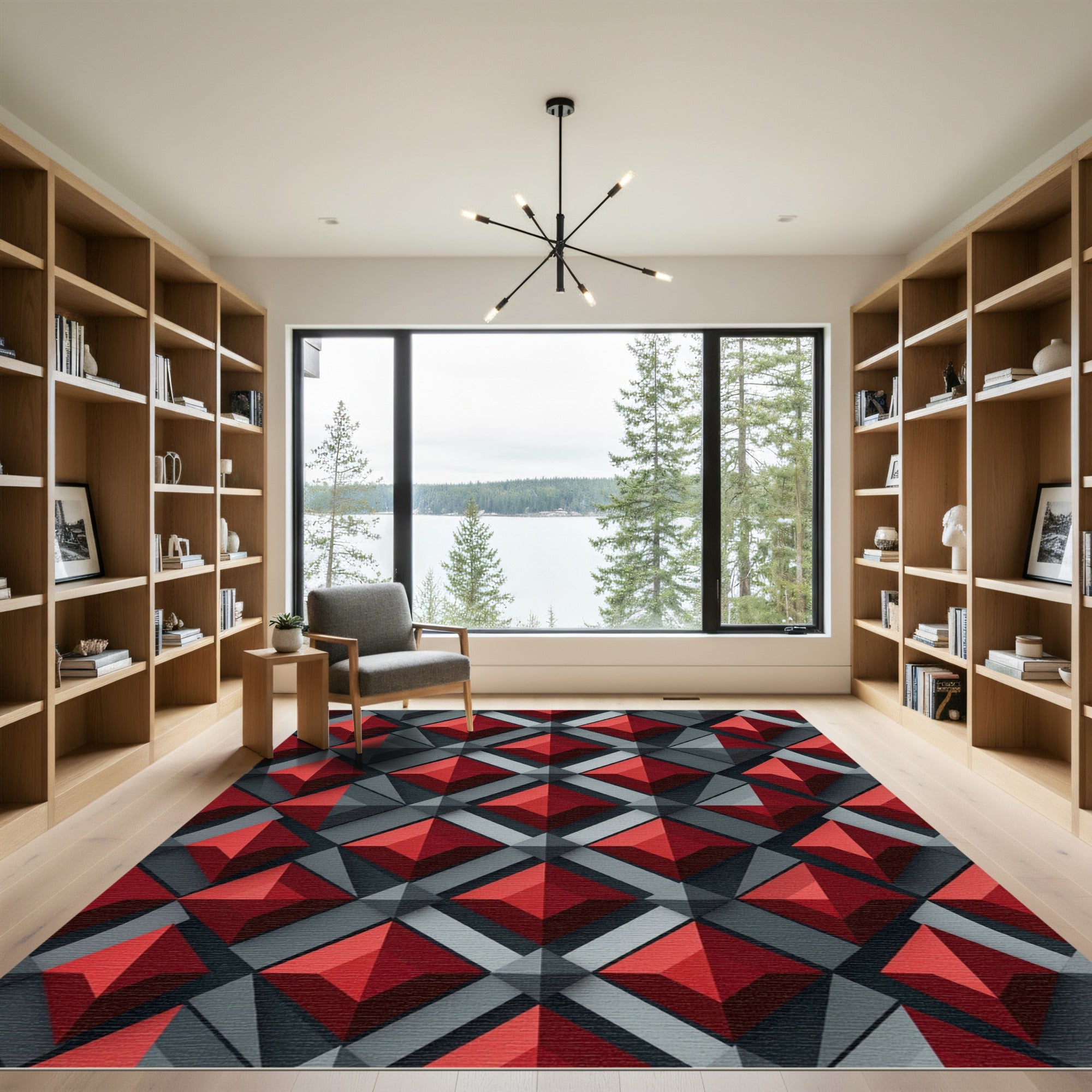 Red Gray Geometric Pyramid Diamond Rug