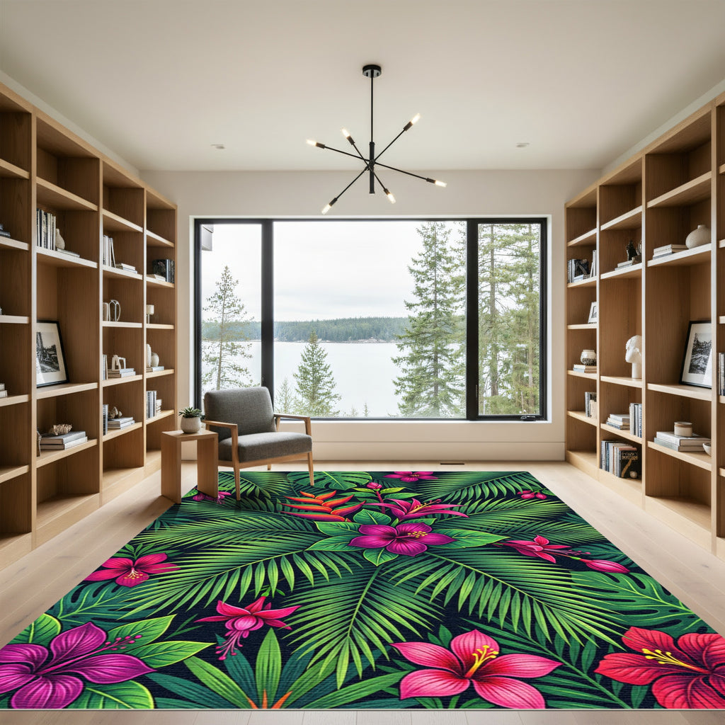 Vibrant Lush Tropical Hibiscus Foliage Rug