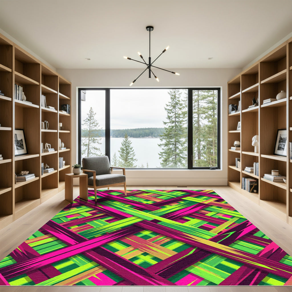 Vibrant Neon Geometric Woven Lattice Rug